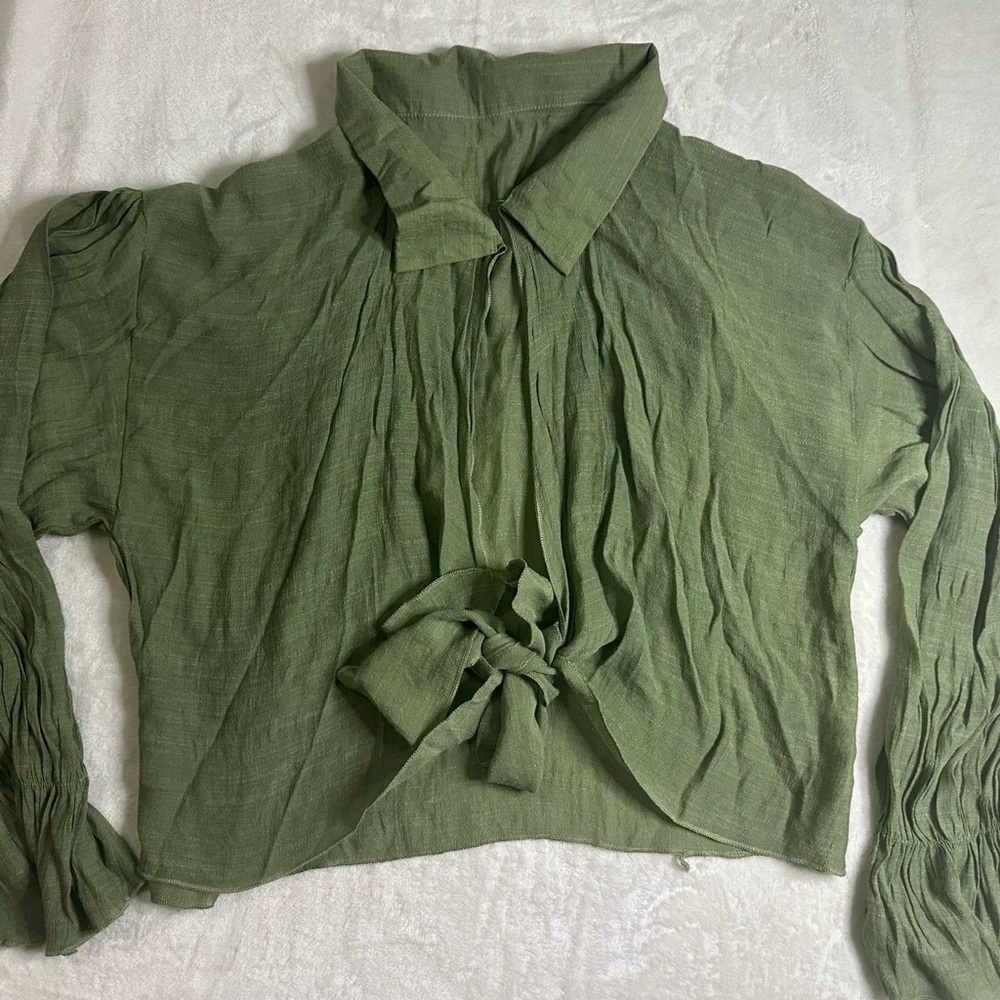 Olive Green Tie Front Cropped Blouse Size XL Boho